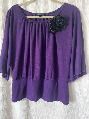 Bwear Purple Flutter-Sleeve Top with Black Floral Pin